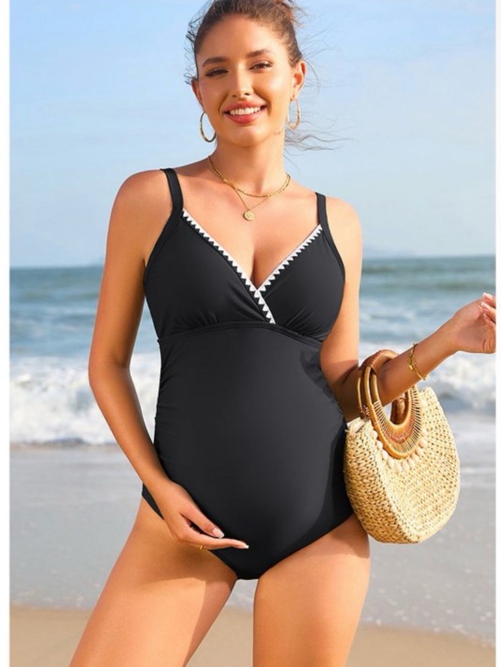 Charmo Women's Scalloped Trim V Neck Maternity One Piece Swimsuit